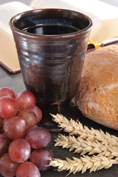Bread,wine and the Bible for the sacrament or communion