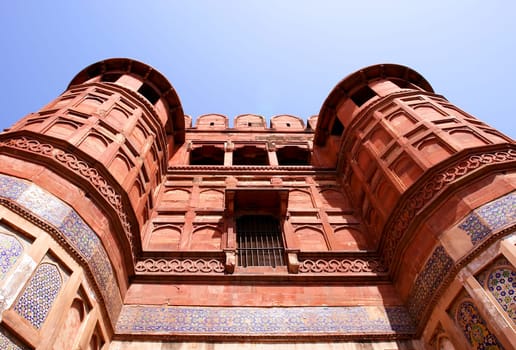 Outside Architecture of the Red Fort in Agra, India.