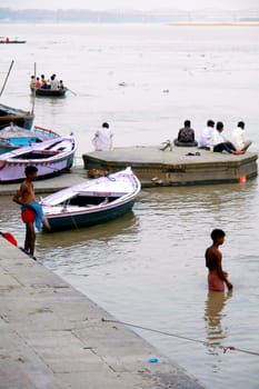 Boats on Ganges holy river in Varanasi, India