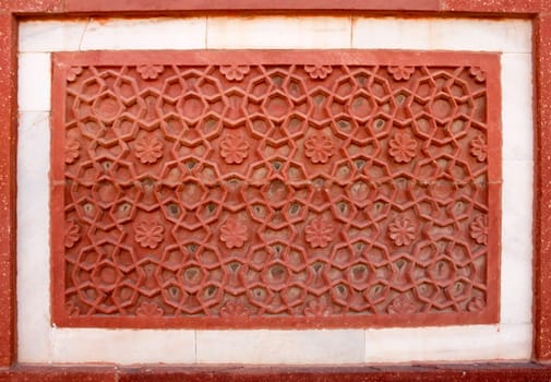 Outside Architecture detail of the Red Fort in Agra, India.