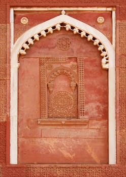 Outside Architecture detail of the Red Fort in Agra, India.