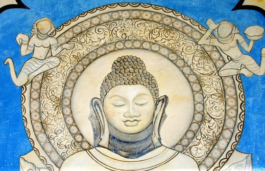 Mural painting near Buddhist temple in Sarnath, Varanasi, India. (where the Buddha preached his first sermon)