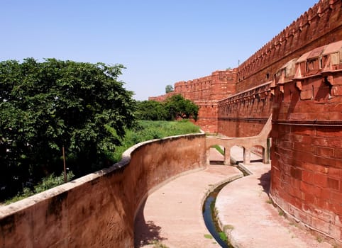 Outside Architecture of the Red Fort in Agra, India.