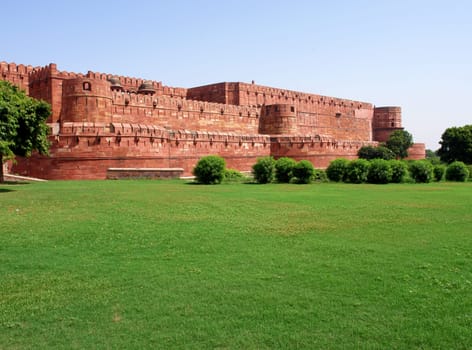 Outside Architecture of the Red Fort in Agra, India.