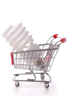 Shopping cart with a light bulb, saving energy