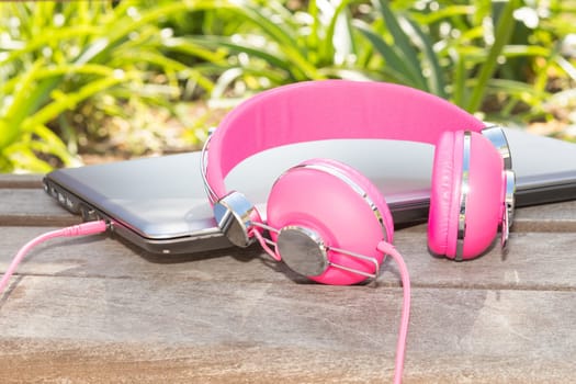 Vivid colorful pink headphones and laptop on the timbered bench in park