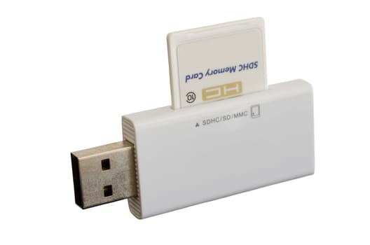 White USB card reader with inserted SDHC card isolated on white