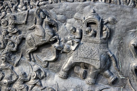 Close-up of bas-relief carving of Haldighat war scene at Pratap Smarak on Moti Magri Hill in Udaipur, Gujarat, India, Asia
