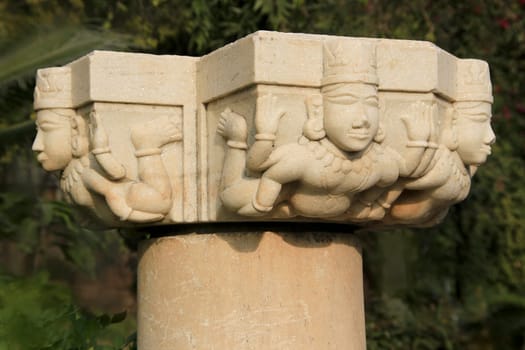 Interesting carving of figures on head of pillar near Pratap Smarak on Moti Magri Hill in Udaipur, Gujarat, India, Asia