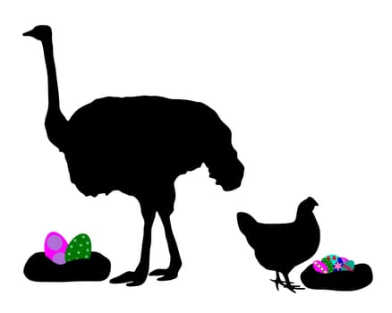 Chicken and ostrich with Easter eggs
