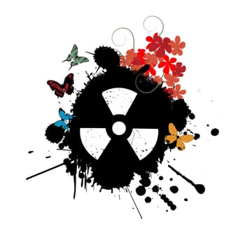 Abstract background with nuclear radiation warning sign, flowers and butterflies