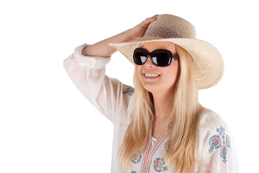 Woman with hat and sunglasses,isolated