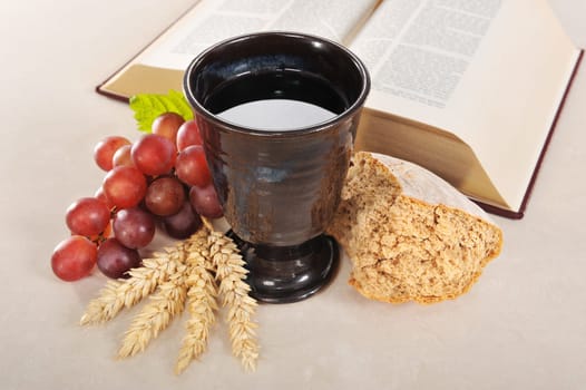 Bread,wine and the Bible for the sacrament or communion