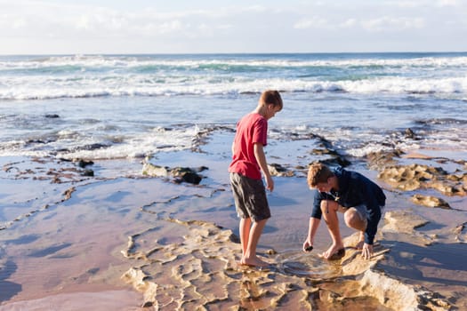 Teen boys family hangout together at the  beach ocean on clear blue day