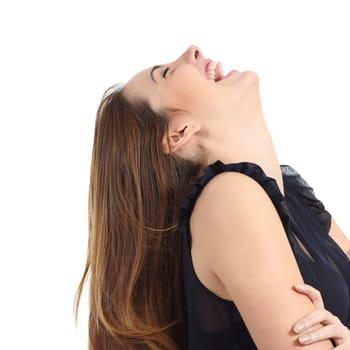 Portrait of a funny woman laughing isolated on a white background