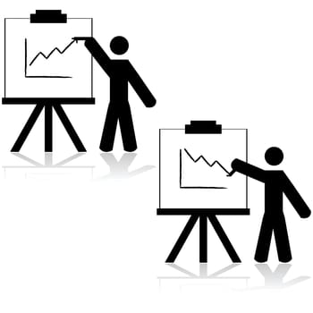 Icon illustration of a man making a presentation showing one graph going up and another going down