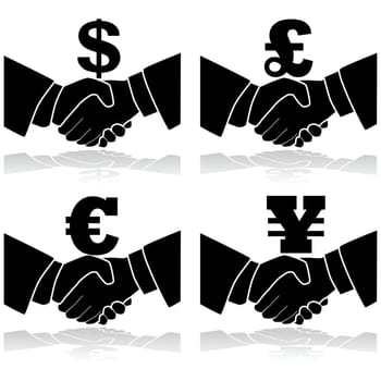 Icon illustration showing a handshake with a currency symbol on top of it