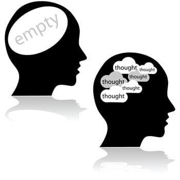 Concept illustration showing a head with an empty mind and another with lots of thoughts