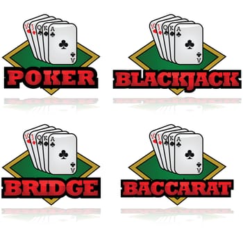 Concept illustration showing a few cards and the name of popular card games in front
