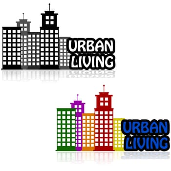 Icon showing buildings representing a city's downtown area beside the words 'Urban Living'