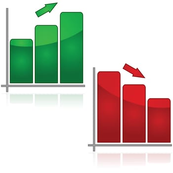 Glossy illustration showing a green graph trending up and a red one trending down