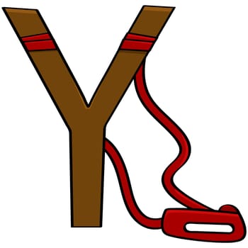Cartoon illustration showing a rudimentary sling made with a piece of wood and a red rubber band