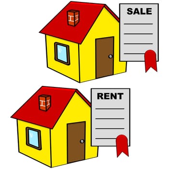 Cartoon illustration showing a sale and a rental agreement on top of a house