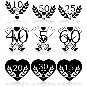 Icon set showing different wedding anniversary celebration icons for various years