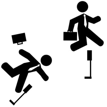 Concept illustration showing a businessman jumping over a hurdle and another one stumbling