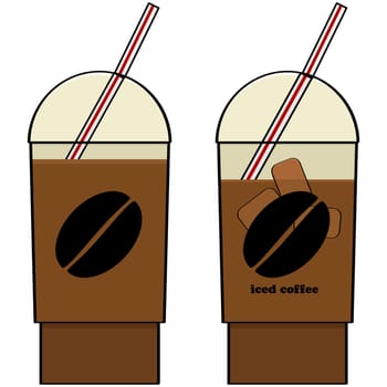 Cartoon illustration showing two plastic cups with iced coffee