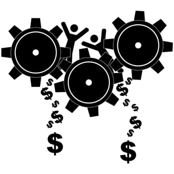 Concept illustration showing people being ground by gears and transformed into money