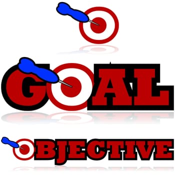 Icon illustration showing a dart hitting a target and being part of the words GOAL and OBJECTIVE