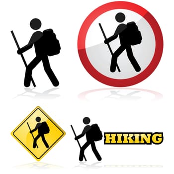 Icon set showing a man hiking carrying a backpack and a stick