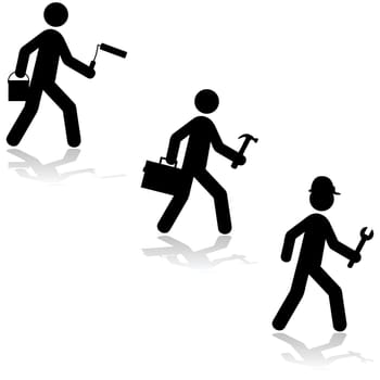 Icon illustration set showing a group of handymen carrying their tools