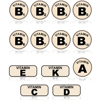 Icon illustration set showing different vitamins in pills and tablets