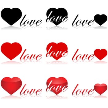 Icon set showing different arrangements and styles for the word 'love' and a heart