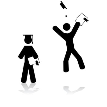 Icon illustration showing a student carrying a diploma and wearing a graduation hat and then jumping