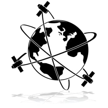 Icon illustration showing three satellites orbiting Earth