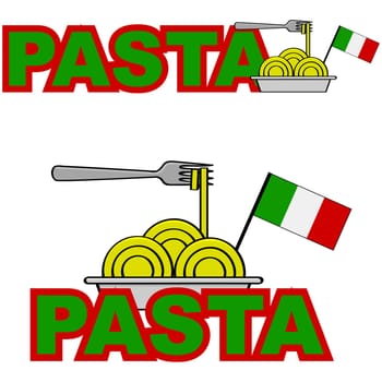 Cartoon illustration showing a plate of pasta combined with the word 'pasta' and a flag of Italy