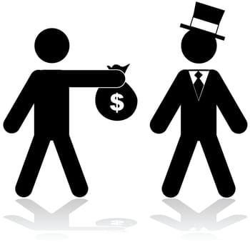 Concept illustration showing a man giving a bag of money to a rich person