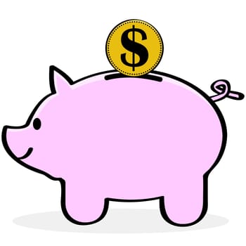 Cartoon illustration showing a pink piggy bank with a golden coin about to be inserted in it