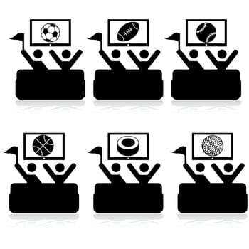 Icon set showing a couple of people watching different sports on TV
