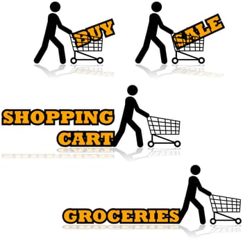 Icon set showing a man pushing a shopping cart with different words and expressions beside them