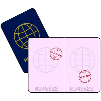 Cartoon illustration showing a passport with stamps for entry denied and accepted