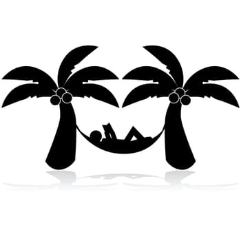 Icon illustration showing a man relaxing on a hammock between two palm trees