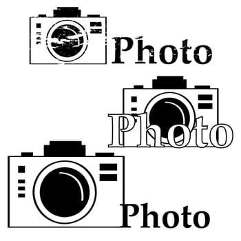 Icon set showing a camera in different arrangements with the word photo