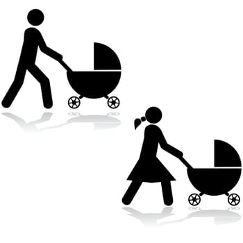 Icon set showing a man and a woman pushing a stroller around