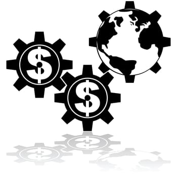 Concept illustration showing gear wheels with a dollar sign moving the world