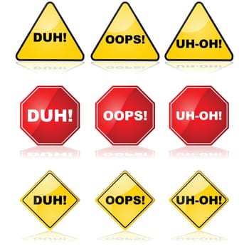 Concept illustration showing traffic signs with different messages for mistakes made