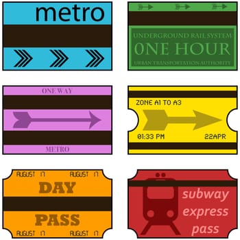 Cartoon illustration showing vintage retro style subway tickets